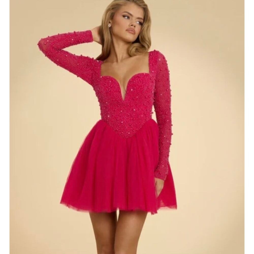 Oh Polly Plunge Neck Tulle Mini Dress in Hot Pink Size 8 New - Picture 3 of 8